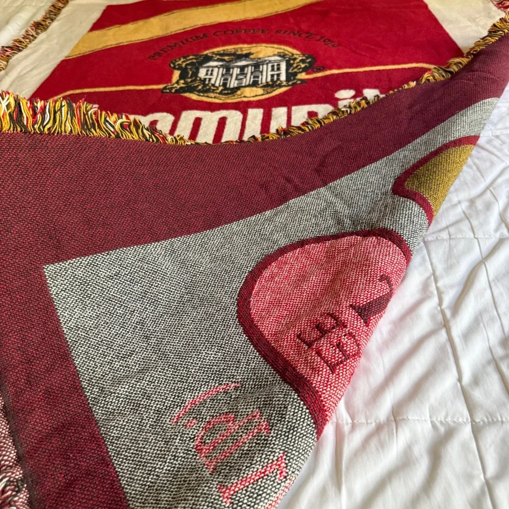 Community Coffee Dark Roast Woven Tapestry Throw Blanket Red Fringed Edge Retro
